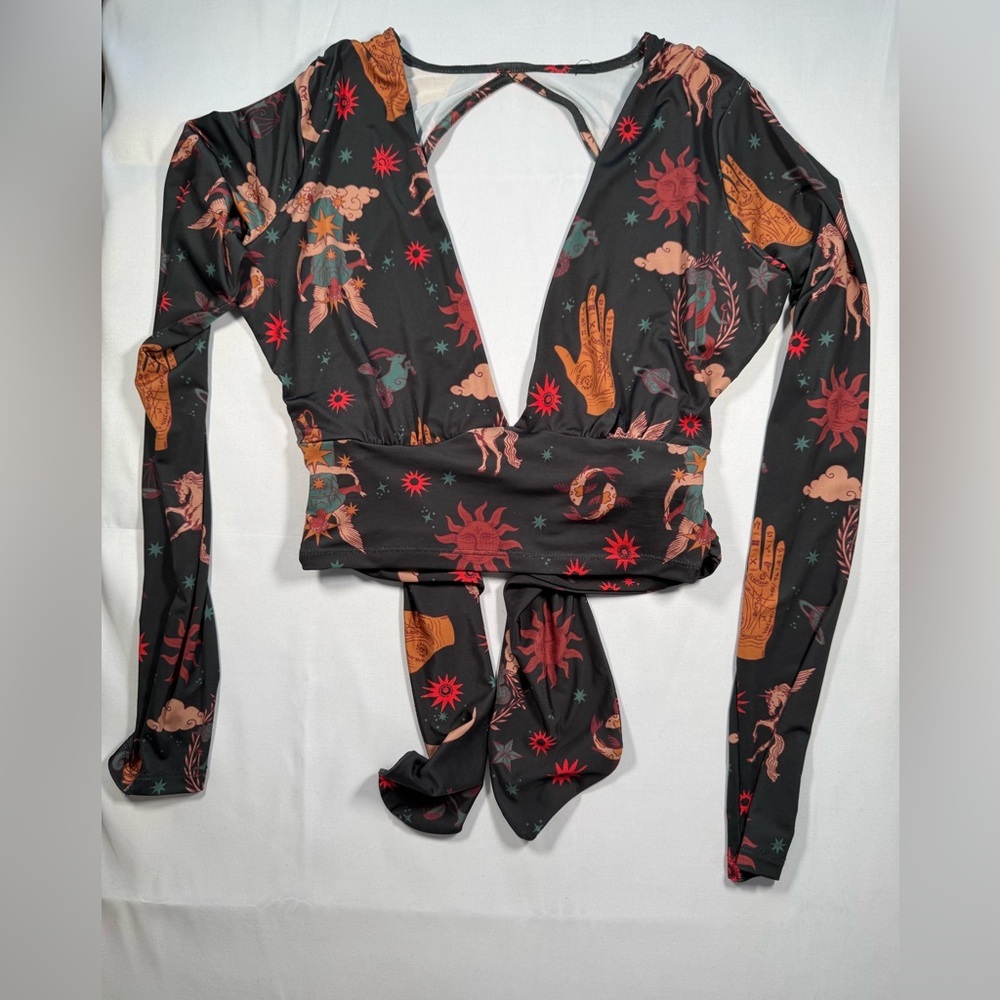 Urban Outfitters Black Wrap Top with Red and Orange Accents